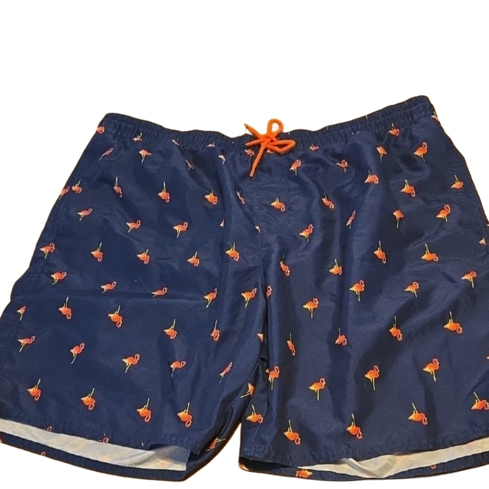 Old Navy Swim Trunks Mens XL Navy‎ Blue Flamingo Print Elastic Waist Mesh Lined